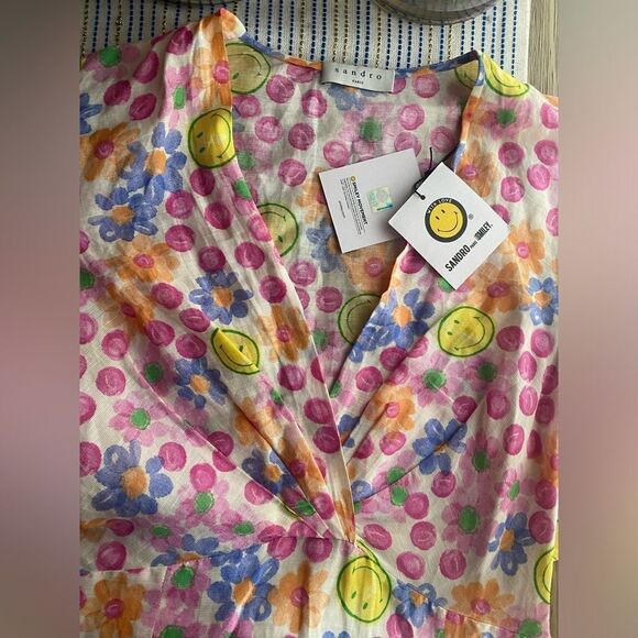 Sandro París Smiley Mini Dress Multicolored Short Sleeve Sz 34 US XS NWT - Picture 12 of 16